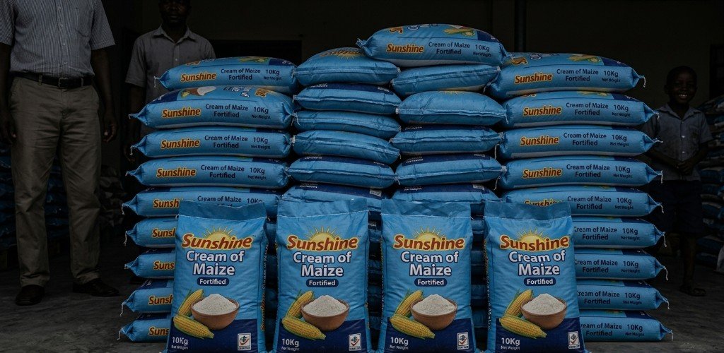 Stacked bags of fortified maize meal ready for distribution